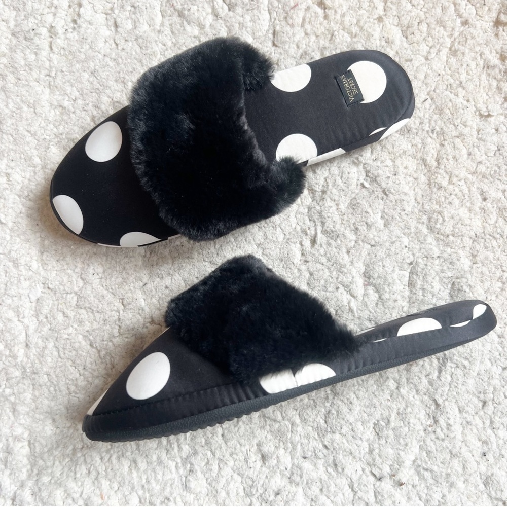 Victoria’s Secret Black Satin Slippers Large White Polka Dot & Black Faux Fur